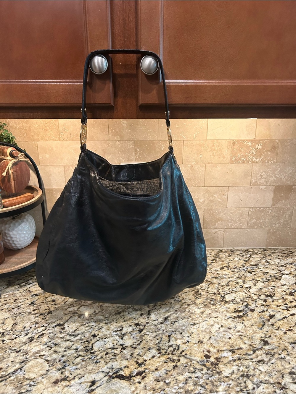 Tory Burch Black Glazed Distressed Leather Hobo Shoulder Bag